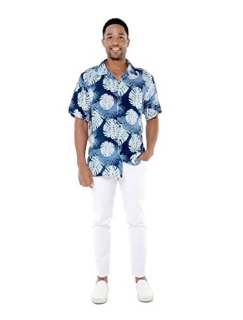 Hawaii Hangover Matchable Couple Hawaiian Luau Shirt or V-Neck Jumpsuit with Pockets in Pacific Palm Navy