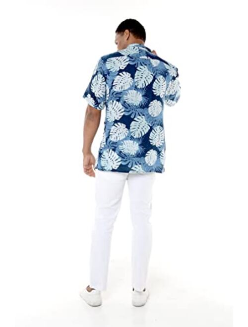 Hawaii Hangover Matchable Couple Hawaiian Luau Shirt or V-Neck Jumpsuit with Pockets in Pacific Palm Navy