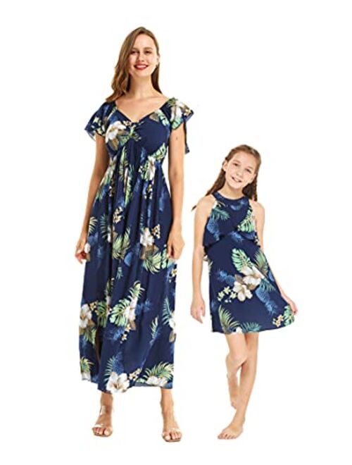 Hawaii Hangover Matchable Hawaiian Luau Mother Daughter Women Maxi Rahee Dress or Girl Round Neck Dress in Pineapple Garden Navy