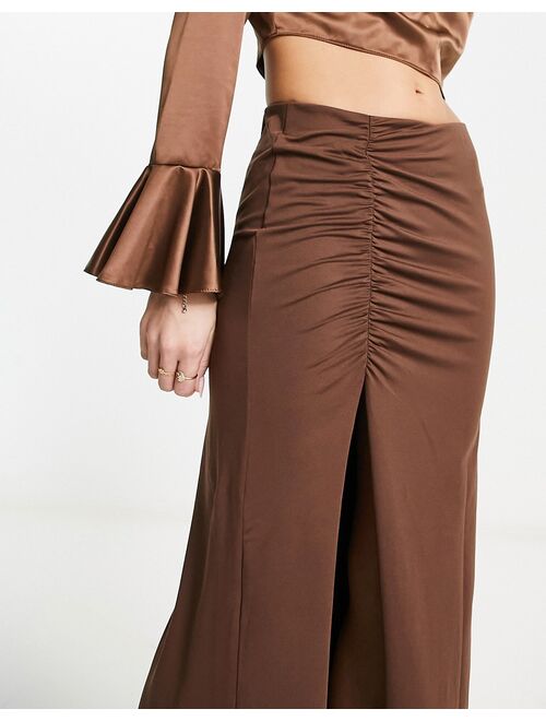 Weekday Y2K gathered jersey midi skirt in brown