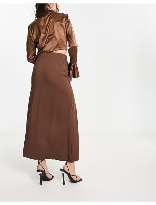 Weekday Y2K gathered jersey midi skirt in brown