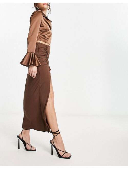 Weekday Y2K gathered jersey midi skirt in brown