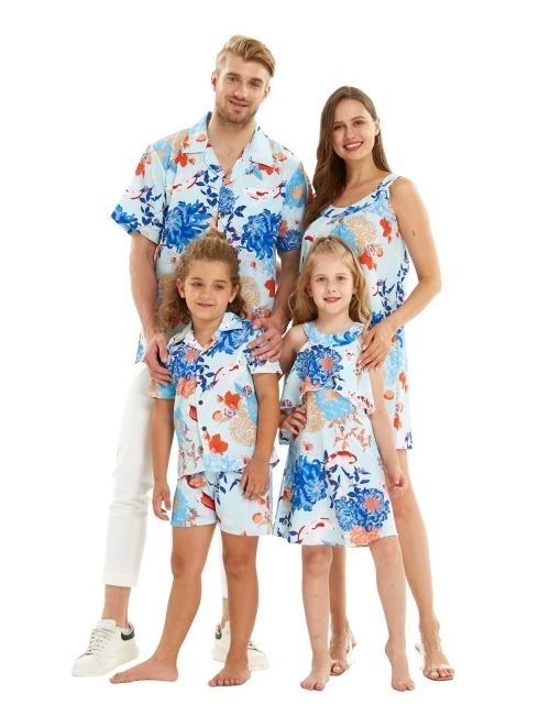 Hawaii Hangover Matchable Family Hawaiian Luau Men Women Girl Boy Clothes in Flowering Koi Blue