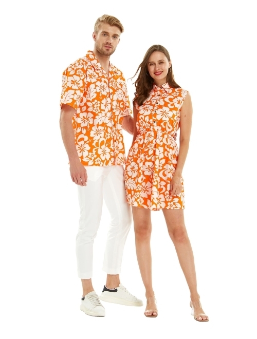 Hawaii Hangover Matchable Couple Hawaiian Luau Shirt or Collar Shirt Dress in Orange Hibiscus