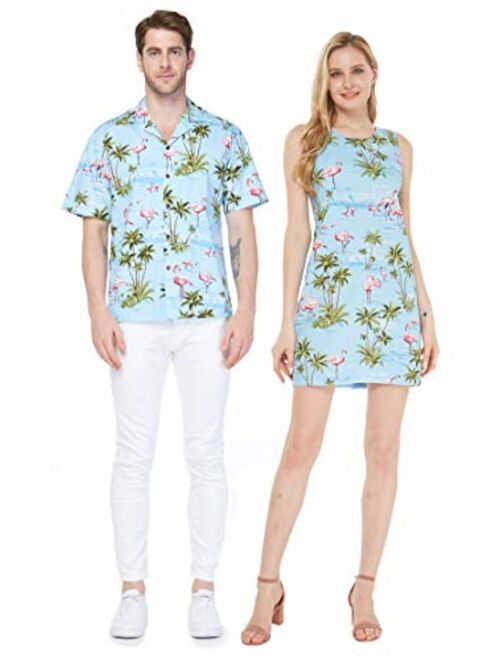 Hawaii Hangover Made in Hawaii Couple Matching Luau Aloha Shirt Tank Dress in Pink Flamingos in Turquoise