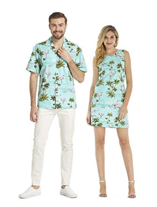 Hawaii Hangover Made in Hawaii Couple Matching Luau Aloha Shirt Tank Dress in Pink Flamingos in Turquoise