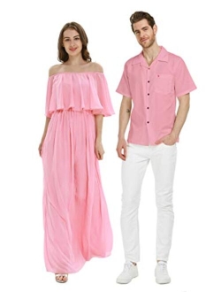 Hawaii Hangover Hawaiian Beach Wedding Groomsman Bridesmaid Matching Linen Shirt and Chiffon Dress in Pink Coral