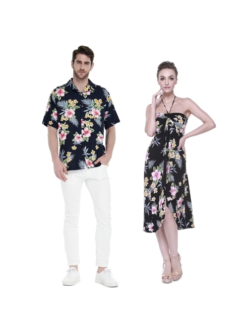 Hawaii Hangover Couple Matching Hawaiian Luau Cruise Party Outfit Shirt Dress in Hibiscus Blue