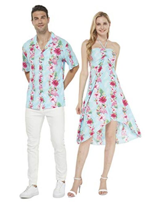 Hawaii Hangover Couple Matching Hawaiian Luau Cruise Party Outfit Shirt Dress in Hibiscus Blue