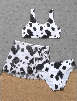 SHENHE Girl's Cow Print Scoop Neck Bikini Swimsuit 3 Piece Bathing Suits with Beach Skirt