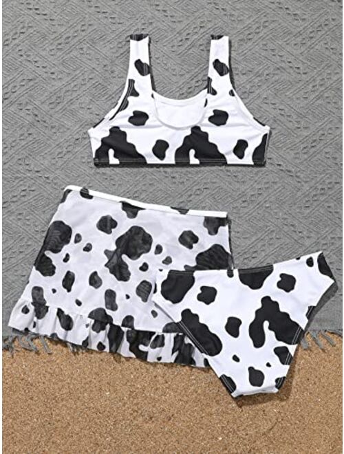 SHENHE Girl's Cow Print Scoop Neck Bikini Swimsuit 3 Piece Bathing Suits with Beach Skirt