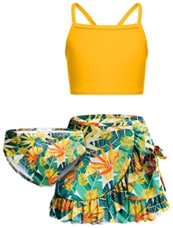 Girls Bathing Suits 3 Piece Swimsuit with Cover Up Skirt Beach Surf Floral Tankini Swimwear for 5-14 Years