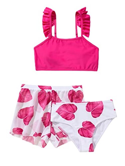 MakeMeChic Girl's 3 Piece Bathing Suits Leaf Print Ruffle Trim Bikini Swimsuit with Cover Up Shorts