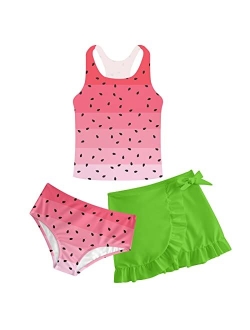 Lovekider Girls Swimsuits 3 Piece Tankini Bathing Suit Set Cute Bikini Swimwear with Cover Ups Beach Skirt 6-12 Years