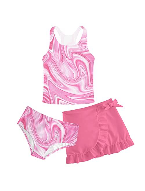 Lovekider Girls Swimsuits 3 Piece Tankini Bathing Suit Set Cute Bikini Swimwear with Cover Ups Beach Skirt 6-12 Years