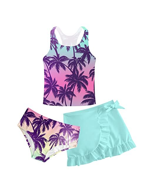 Lovekider Girls Swimsuits 3 Piece Tankini Bathing Suit Set Cute Bikini Swimwear with Cover Ups Beach Skirt 6-12 Years