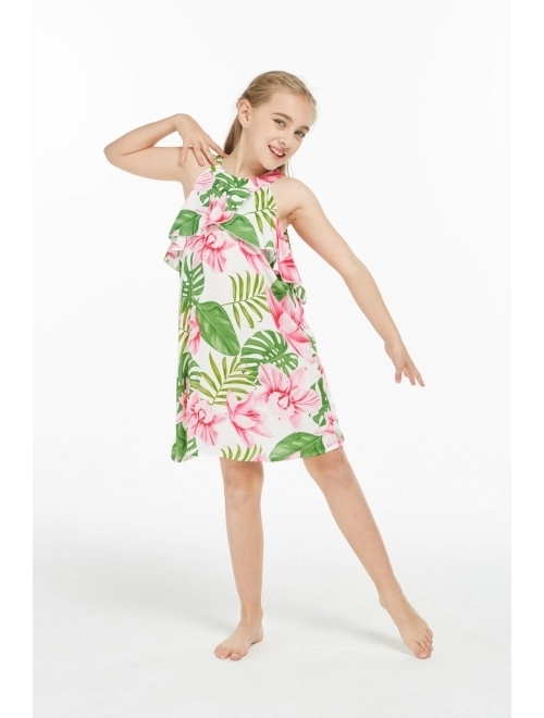 Hawaii Hangover Girl Hawaiian Round Neck with Ruffle Dress in Lotus and Orchid