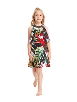 Hawaii Hangover Girl Hawaiian Round Neck with Ruffle Dress in Pink Hibiscus Vine