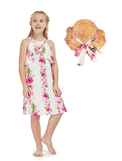 Hawaii Hangover Girl Hawaiian Round Neck with Ruffle Dress in Pink Hibiscus Vine