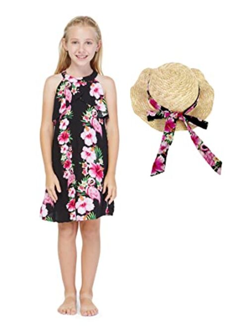 Hawaii Hangover Girl Hawaiian Round Neck with Ruffle Dress in Pink Hibiscus Vine