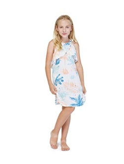 Hawaii Hangover Girl Hawaiian Round Neck with Ruffle Dress in Blue Leaf