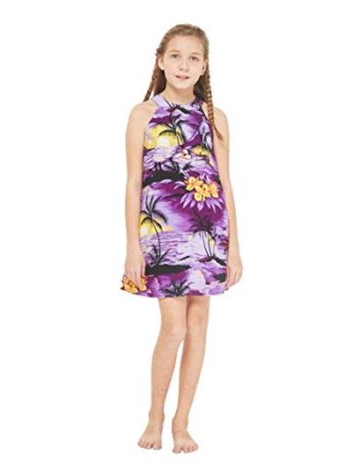 Hawaii Hangover Girl Hawaiian Round Neck with Ruffle Dress in Blue Leaf