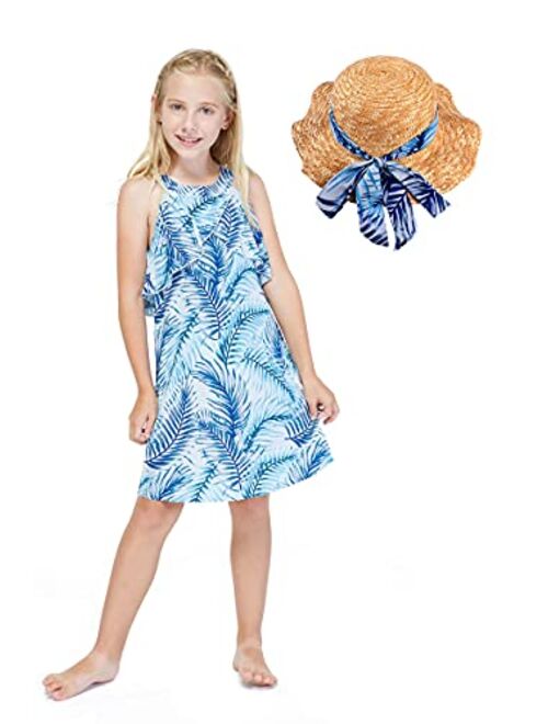 Hawaii Hangover Girl Hawaiian Round Neck with Ruffle Dress in Blue Leaf