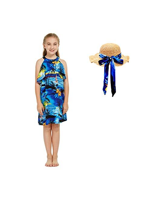 Hawaii Hangover Girl Hawaiian Round Neck with Ruffle Dress in Blue Leaf