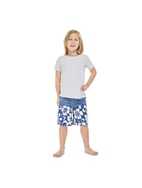 Hawaii Hangover Boy's Spandex Hawaiian Beach Board Shorts with Elastic Tie and Pocket in Classic Hibiscus Print