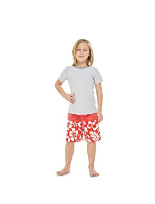 Hawaii Hangover Boy's Spandex Hawaiian Beach Board Shorts with Elastic Tie and Pocket in Classic Hibiscus Print