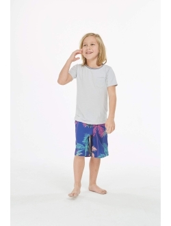 Hawaii Hangover Boy's Spandex Hawaiian Beach Board Shorts with Elastic Tie and Pocket in Crayon Palms