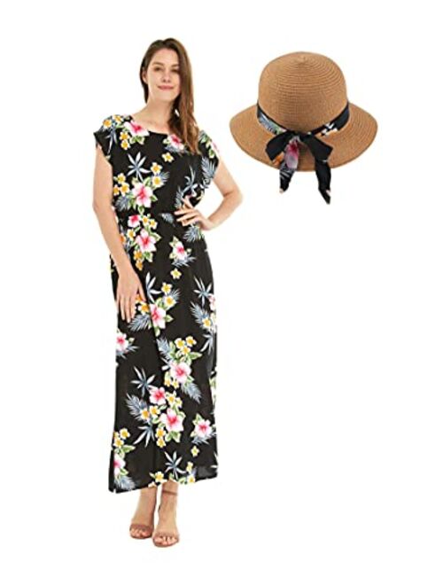 Hawaii Hangover Women's Hawaiian Luau Cap Sleeve Maxi Simple Dress in Hibiscus