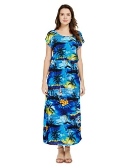 Hawaii Hangover Women's Hawaiian Luau Cap Sleeve Maxi Simple Dress in Sunset