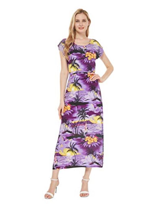 Hawaii Hangover Women's Hawaiian Luau Cap Sleeve Maxi Simple Dress in Sunset