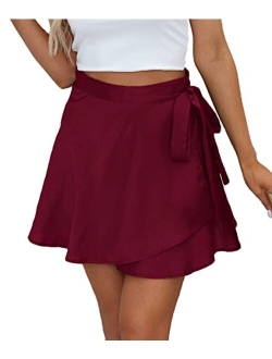 Mingnos Women's Summer Adjustable Wrap Lace-up Belt High Waisted Satin Silky Mini Short Skirt