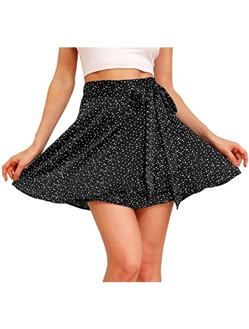 Mingnos Women's Summer Adjustable Wrap Lace-up Belt High Waisted Satin Silky Mini Short Skirt