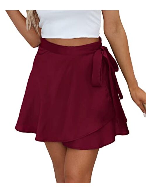 Mingnos Women's Summer Adjustable Wrap Lace-up Belt High Waisted Satin Silky Mini Short Skirt