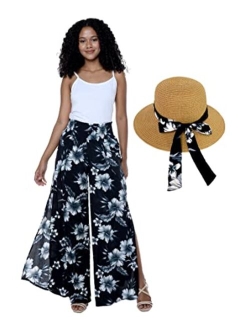 Hawaii Hangover Lady High Slit Wide Leg Pants in Midnight Bloom