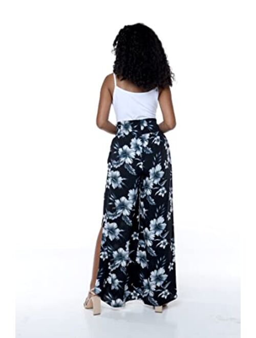 Hawaii Hangover Lady High Slit Wide Leg Pants in Midnight Bloom