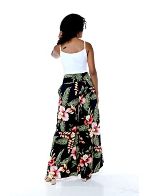 Hawaii Hangover Lady High Slit Wide Leg Pants in Pacific Palm Navy