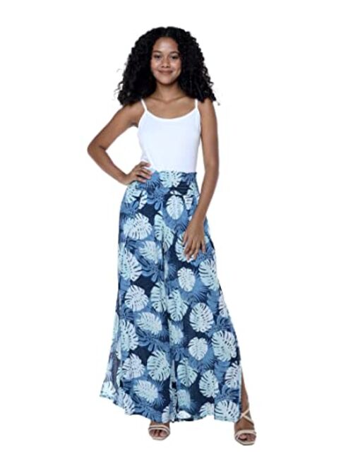 Hawaii Hangover Lady High Slit Wide Leg Pants in Pacific Palm Navy