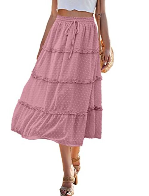 Realipopo Women's Elastic High Waist Swiss Dot Pleated A-Line Swing Midi Skirts