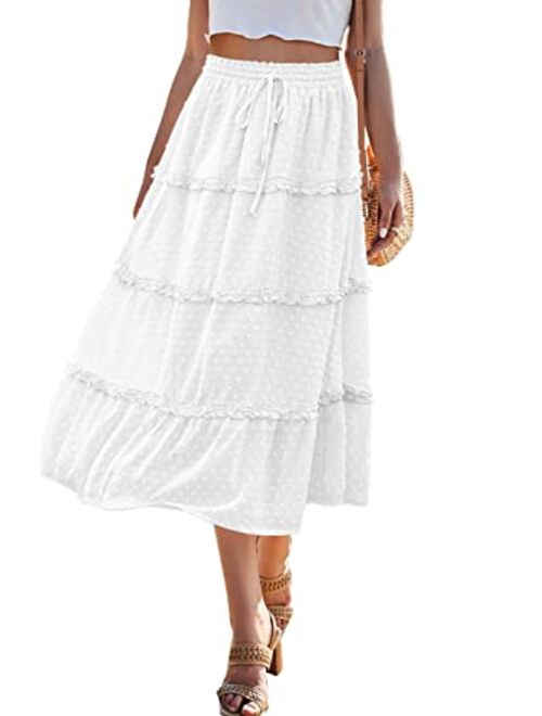 Realipopo Women's Elastic High Waist Swiss Dot Pleated A-Line Swing Midi Skirts