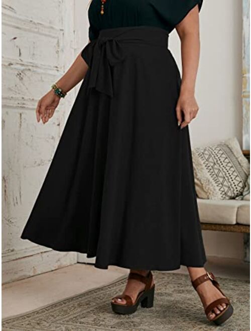 OYOANGLE Women's Plus Size High Waist A Line Bow Belted Flowy Flare Long Skirt