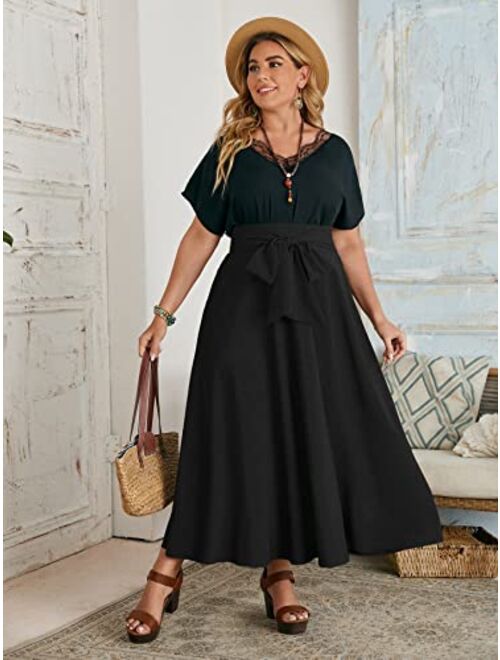 OYOANGLE Women's Plus Size High Waist A Line Bow Belted Flowy Flare Long Skirt