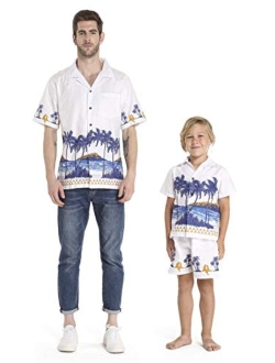 Hawaii Hangover Matching Father Son Hawaiian Luau Outfit Men Shirt Boy Shirt Shorts White with Blue Hibiscus