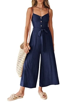 Women's Summer Spaghetti Straps V Neck Smocked Wide Leg Jumpsuits Rompers With Belt