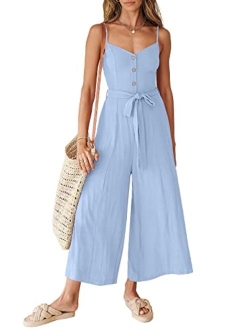 Women's Summer Spaghetti Straps V Neck Smocked Wide Leg Jumpsuits Rompers With Belt