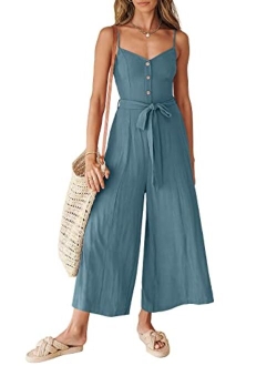 Women's Summer Spaghetti Straps V Neck Smocked Wide Leg Jumpsuits Rompers With Belt