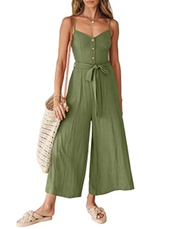 Women's Summer Spaghetti Straps V Neck Smocked Wide Leg Jumpsuits Rompers With Belt